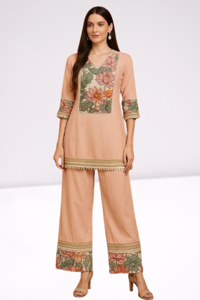 Peach Cotton Kurta with Hand-Painted Lotus Motif and Palazzo Set