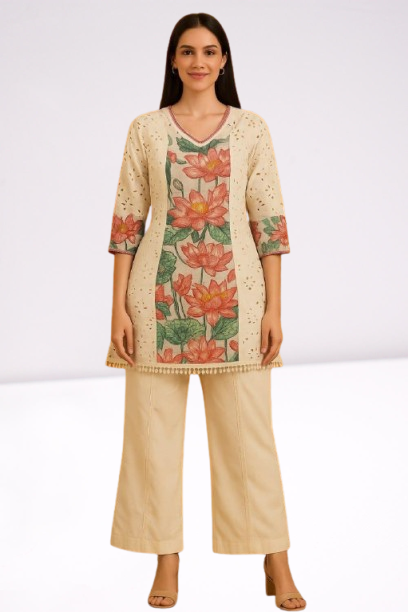 Handpainted Lotus Print Tunic & Palazzos Set