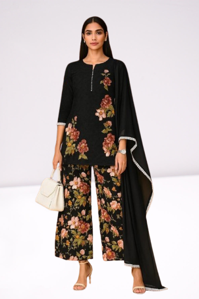 Midnight Black & Muted Floral Co-ord Set with Dupatta