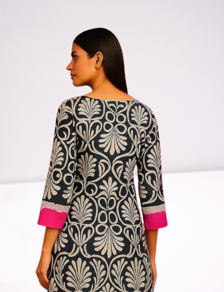 Monochrome Floral Print Kurta Set with Hot Pink Accents