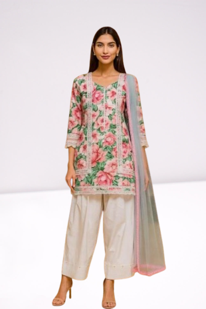 Vintage Rose Floral Print Tunic Set with Afghani Salwar