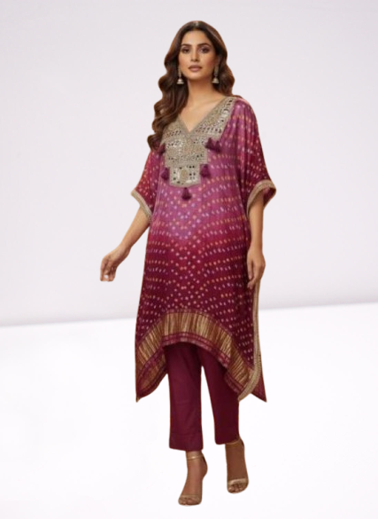Maroon Bandhani Print Embroidered Kaftan Set