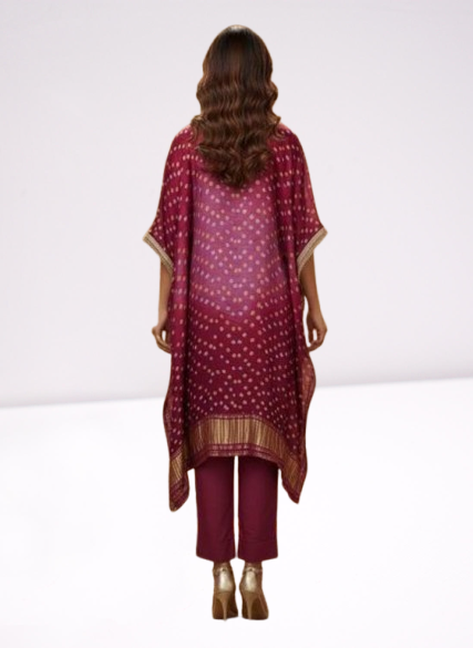 Maroon Bandhani Print Embroidered Kaftan Set