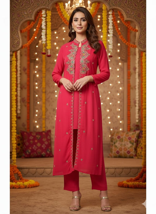 Fuschia Pink & Multi-Embroidered Jacket Set π