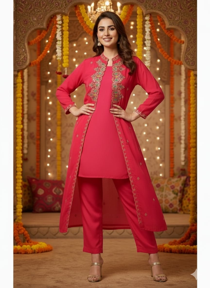 Fuschia Pink & Multi-Embroidered Jacket Set π