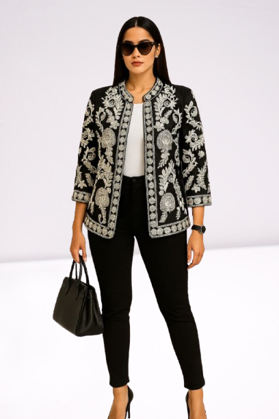 Black & Silver Baroque Embroidered Cropped Jacket β«οΈ