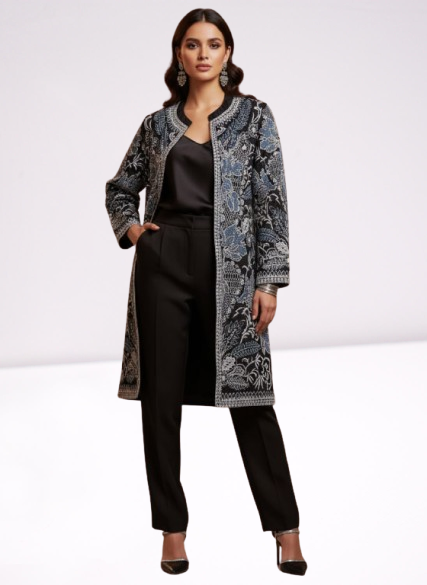 Black & Dusky Blue Longline Embroidered Coat π€