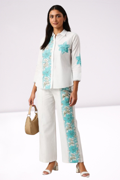 White & Teal Hand-Painted Floral Co-ord Set π€