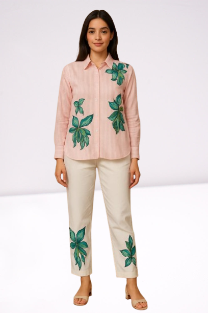 Blush Stripe & Teal Hand-Painted Floral Co-ord Set 🌷