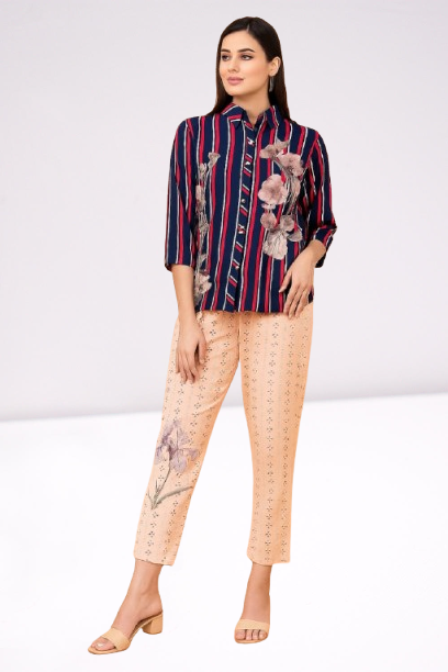 Navy Stripe & Beige Floral Fusion Print Set ๐บ