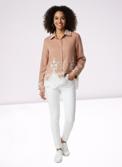 Rust/Tan Embroidered Shirt with White Lace Hem ๐ธ