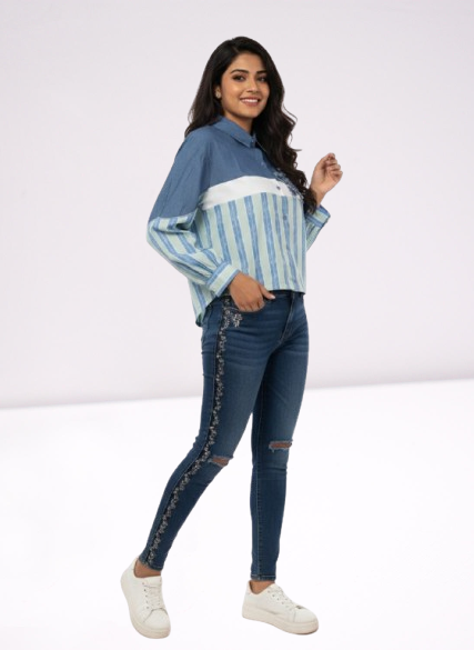 Embellished Distressed Denim & Striped Patchwork Shirt Set 👖