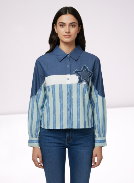 Denim & Mint Stripe Star-Patch Color Block Shirt ✨