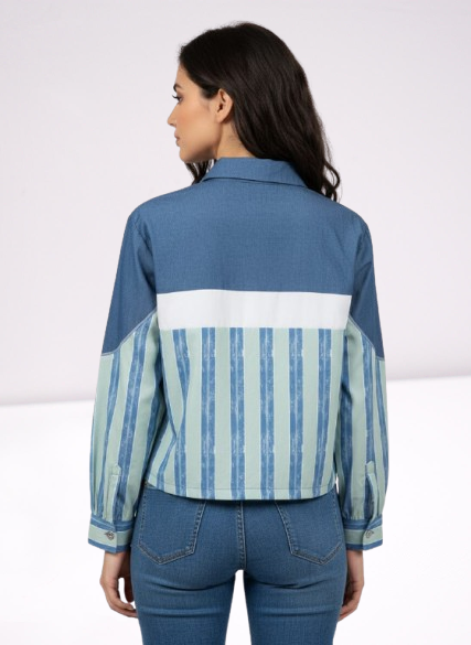 Denim & Mint Stripe Star-Patch Color Block Shirt ✨
