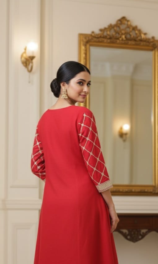 Ruby Red & Gold Embroidered Anarkali Kurta Set with Dupatta ๐