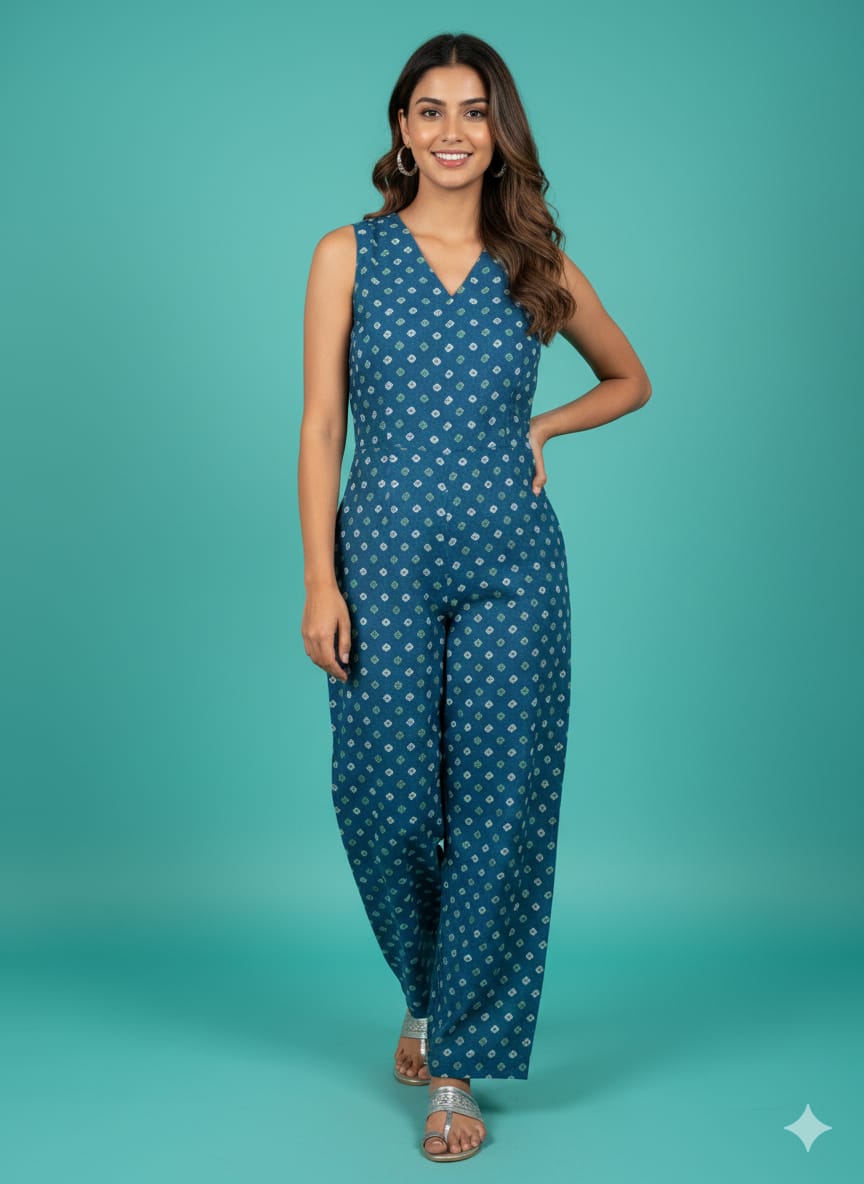 Teal Blue Block-Print Jumpsuit with Embroidered Cropped Jacket π
