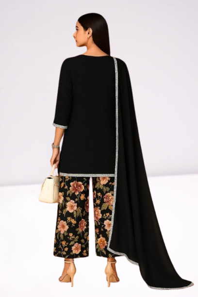 Midnight Black & Muted Floral Co-ord Set with Dupatta