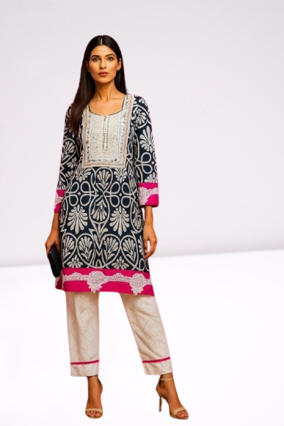 Monochrome Floral Print Kurta Set with Hot Pink Accents