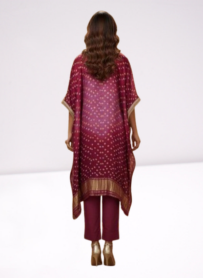 Maroon Bandhani Print Embroidered Kaftan Set