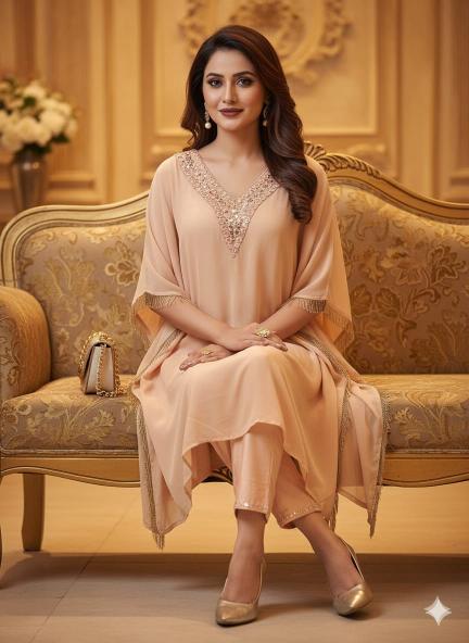 Elegant Peach Embroidered Kaftan Set