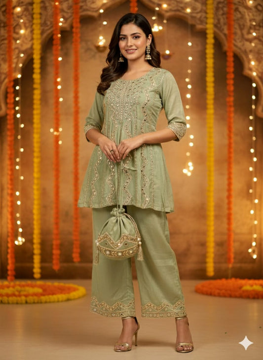 Lilac Linen-Cotton Embroidered  Kurta & Trousers Set 💜