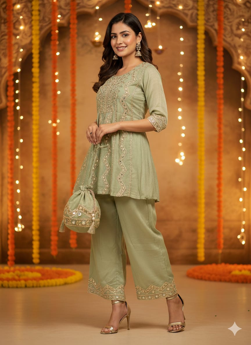 Lilac Linen-Cotton Embroidered  Kurta & Trousers Set 💜