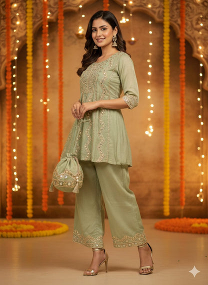 Lilac Linen-Cotton Embroidered  Kurta & Trousers Set 💜