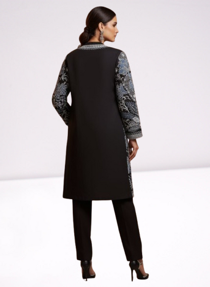 Black & Dusky Blue Longline Embroidered Coat 🖤
