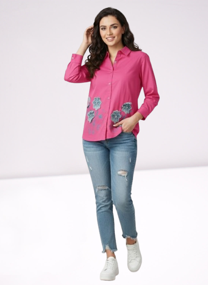 Hot Pink Floral Appliqué Button-Down Shirt 🩷