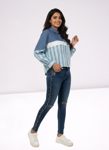 Embellished Distressed Denim & Striped Patchwork Shirt Set 👖