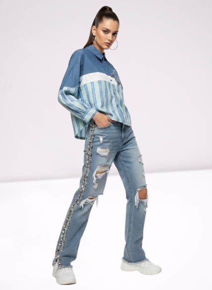 Embellished Distressed Denim & Striped Patchwork Shirt Set 👖