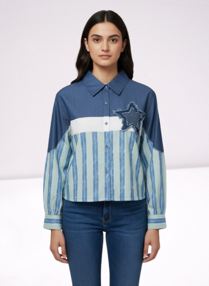 Denim & Mint Stripe Star-Patch Color Block Shirt ✨