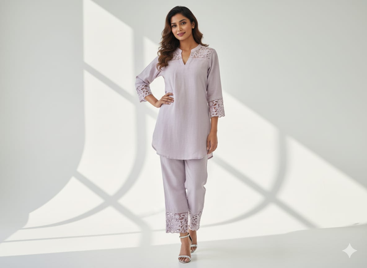 Linen and cotton cut work coord set..