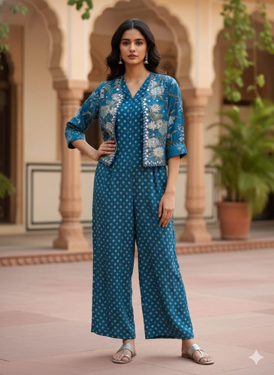 Teal Blue Block-Print Jumpsuit with Embroidered Cropped Jacket 💙