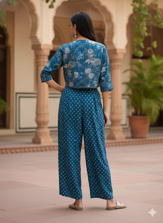 Teal Blue Block-Print Jumpsuit with Embroidered Cropped Jacket 💙