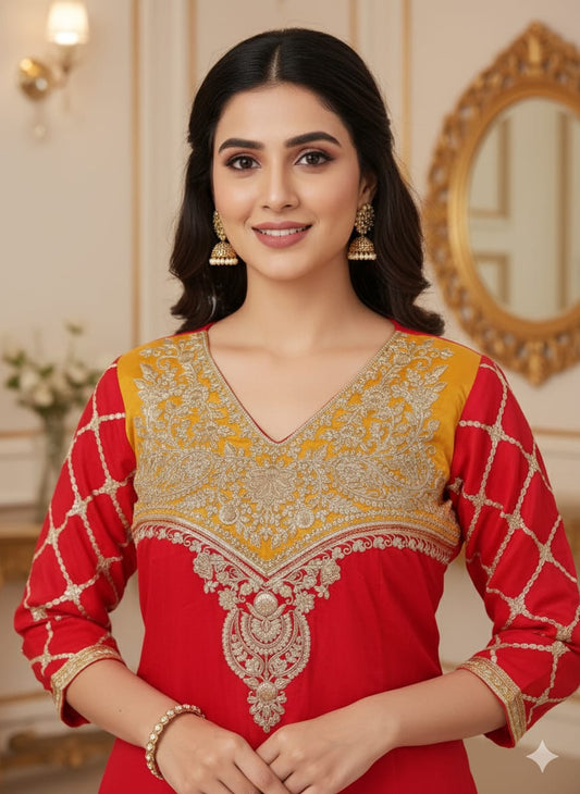 Ruby Red & Gold Embroidered Anarkali Kurta Set with Dupatta 💖