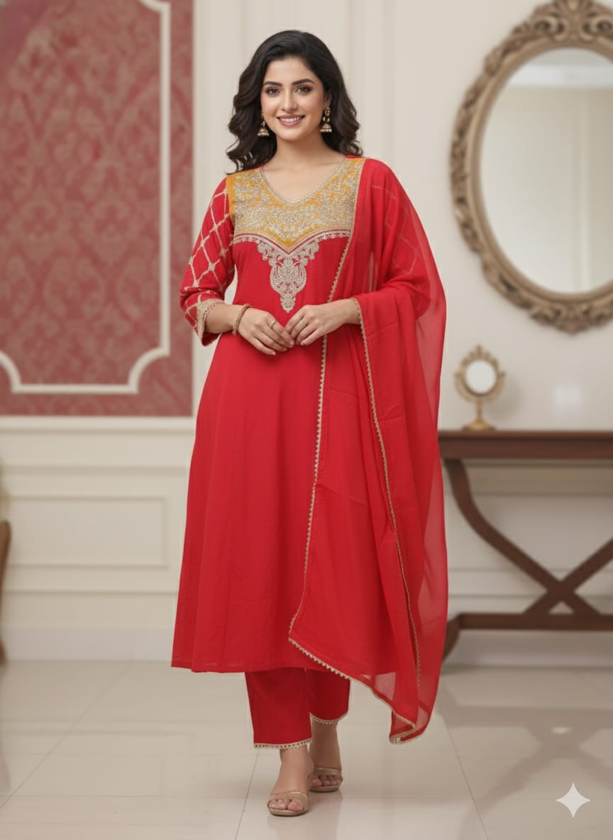 Ruby Red & Gold Embroidered Anarkali Kurta Set with Dupatta 💖