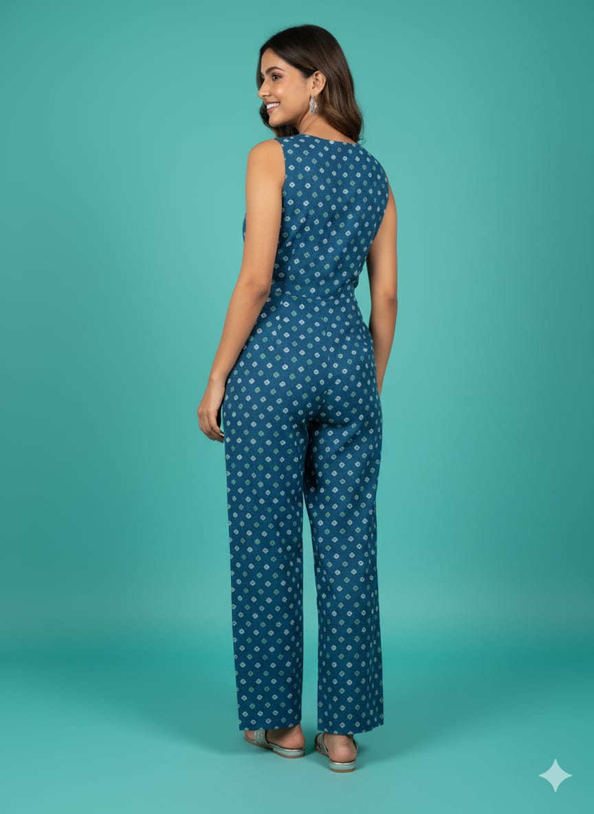 Teal Blue Block-Print Jumpsuit with Embroidered Cropped Jacket 💙