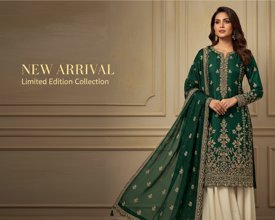 a homepage image of salwar suit with some text on it like new arrival make the image look premium and luxury