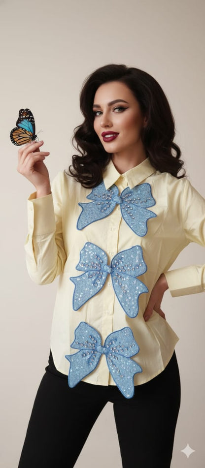Lemon Yellow Sequin Bow Embellished Shirt 🎀
